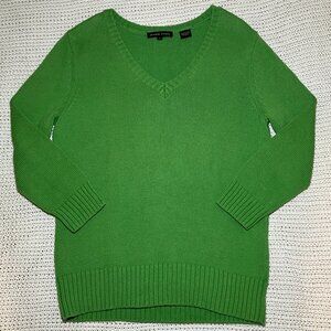 Jeanne Pierre Women's Small Pullover V-Neck 3/4 Sleeve Green Cotton Sweater